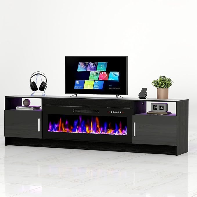 Ludatido 80 Inch TV Stand with 42 inch Electric Fireplace 27 Inch high LED Light Entertainment Center with 3 Open Storage compartments for TVs Up to 90" Black