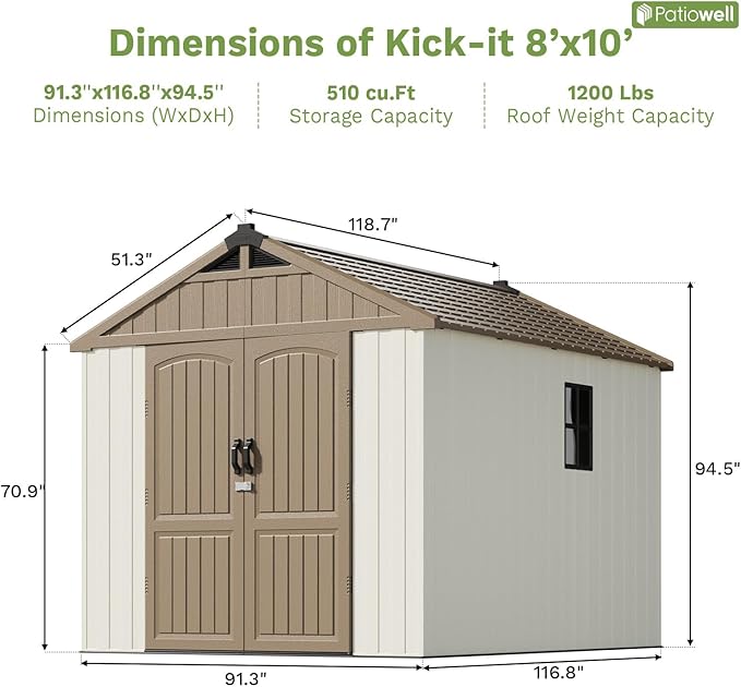 Patiowell 8 x 10 FT Resin Outdoor Storage Shed with Floor, Plastic Shed with Window and Lockable Door for Garden, Backyard, Tool Storage Use, Easy to Install in Brown (Kick-it Shed)