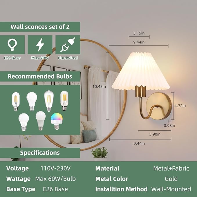 Brushed Gold Wall Sconces Sets of 2, White Pleated Fabric lampshade, Indoor Gooseneck Wall Lamp Lighting, Bathroom Dresser Hardwired sconces wall decor Fixture for Living Room Bedroom Dining Room