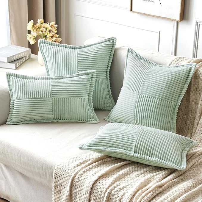 MIULEE Mint Green Corduroy Pillow Covers 20x20 Inch with Splicing Set of 2 Soft Boho Striped Pillow Covers Broadside Decorative Textured Summer Pillowcases for Couch Cushion Bed Livingroom