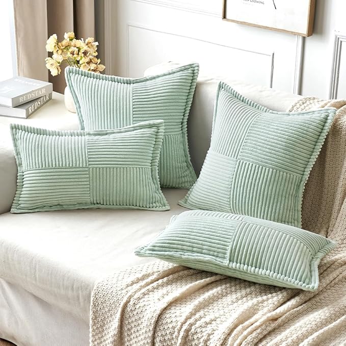 MIULEE Mint Green Corduroy Lumbar Pillow Covers 12x20 Inch 12x20 Inch with Splicing Set of 2 Soft Boho Pillow Covers Broadside Decorative Textured Summer Pillowcases for Couch Bed Livingroom