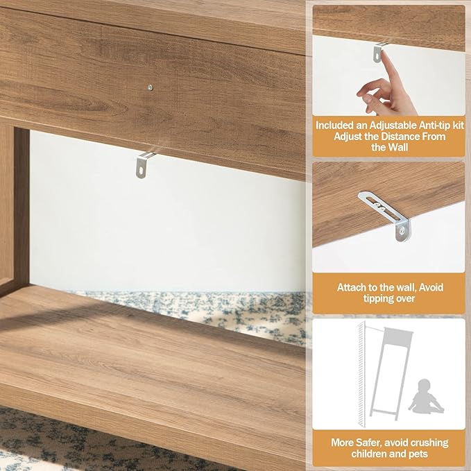 SICOTAS Console Table Set of 2 - Boho Entryway Table with Rattan Drawers, Rattan Console Table with 2 Tier Shelf, Narrow Long Sofa Tables for Living Room, Entry Table for Hallway, Foyer