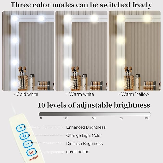 Fluted Makeup Vanity Desk with 46" HD Lighted Mirror,Big Modern Vanity Desk with Mirror and 12 LED Lights, Dressing Table with 11 Drawers, Glass Top for Bedroom,White