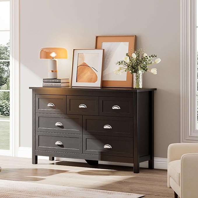 Black Dresser for Bedroom, Farmhouse 7 Drawer Double Dresser with Vintage Antique Handles, Modern Dressers and Chest of Drawers for Bedroom