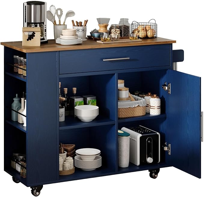 4 EVER WINNER Kitchen Island Cart with Storage, Island Table for Kitchen with Spice Rack & Towel Rack, Cabinet & Drawer, Rolling Microwave Cart with Open Shelves, Blue