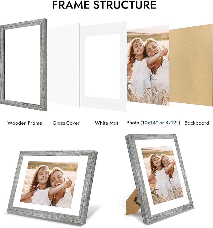 10x14 Picture Frame with Real Glass - 8x12 Wooden Frame with Mat, Horizontal and Vertical Display for Wall or Tabletop (Grey, 1 Pack)