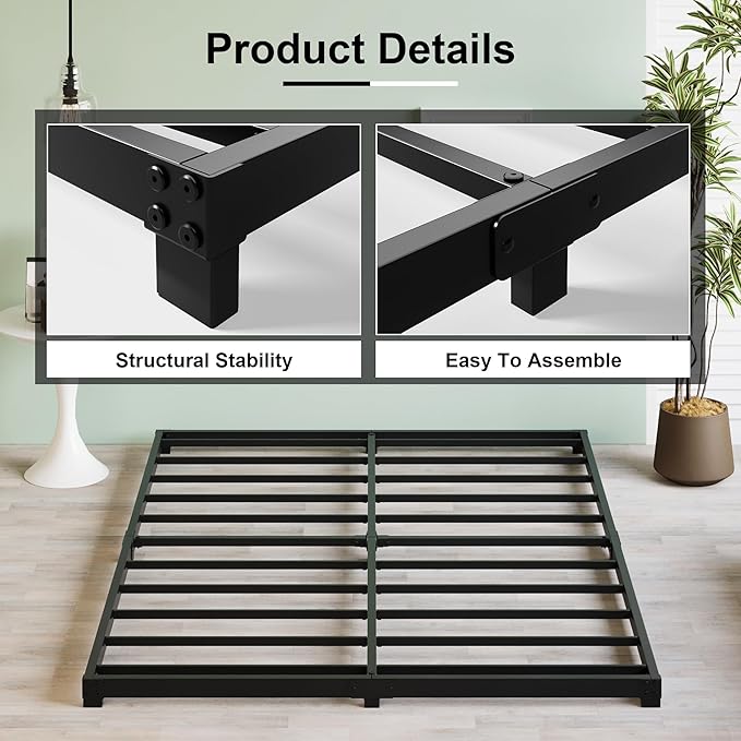 3 Inch Low King Bed Frame Heavy Duty Metal Platform, No Box Spring Needed, Easy Assembly Mattress Foundation, No Noise, Black