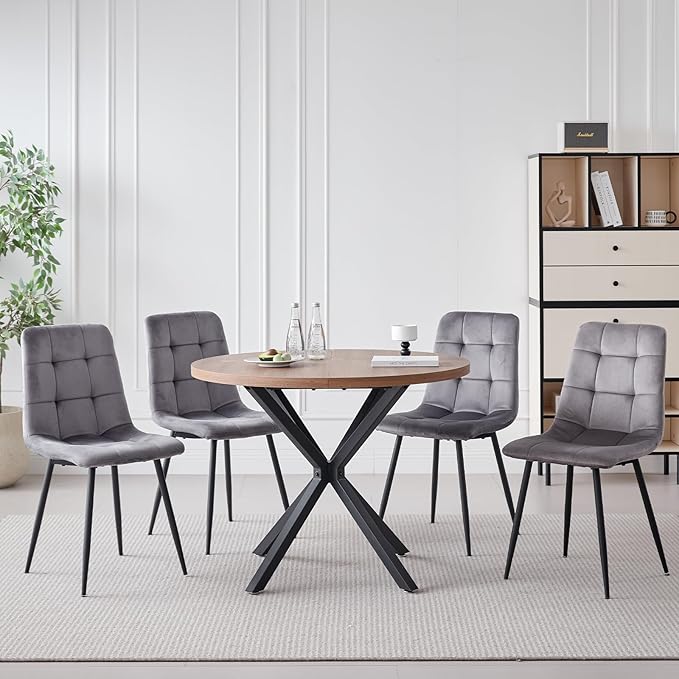 39" Round Dining Table Set for 4, Mid Century Kitchen Table with 4 Velvet Dining Chairs for Apartment Living Room Space Saving