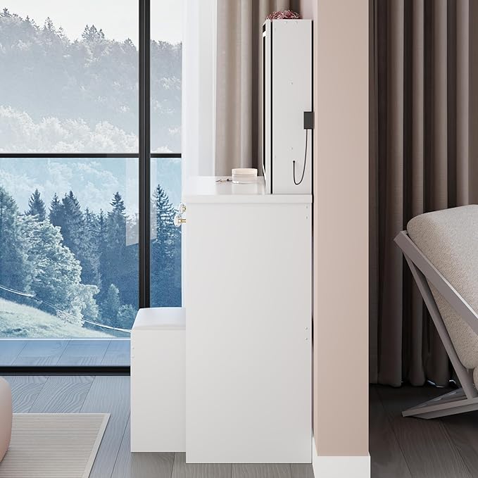 37" Vanity Desk with Mirror and Lights, Makeup Table with Led Lights and Sliding Mirror, 3 Lighting Colors, Vanity Set with Drawers and Stool for Bedroom, White