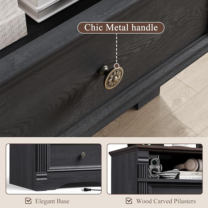 Yaamizz Farmhouse Nightstands with Charging Station, Table with Drawer and Storage Shelf, Wood Pilasters and Metal Handles, Vintage Design, Organizer for Bedroom, Hallway, Black