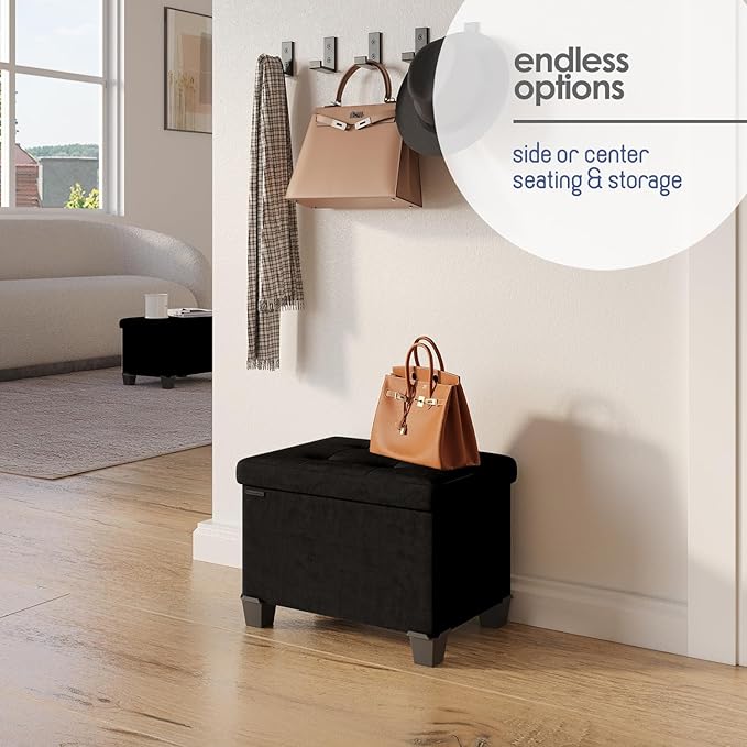 STORAGEBUD Storage Ottoman Cube with Small Bin, 16-in Square Ottoman with Storage for Living Room and Bedroom, Small Ottomans Foot Rest, Velvet Foot Stools Ottomans Max 330lbs, Black