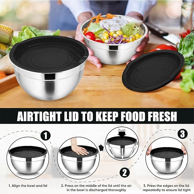 P&P CHEF Mixing Bowl with Airtight Lid Set of 5, 10-Piece Stainless Steel Nesting Salad Bowl Set for Prepping, Mixing and Serving, Size 4.6, 3, 1.5, 1, 0.7 QT, Rimmed Edges & Flat Base, Black