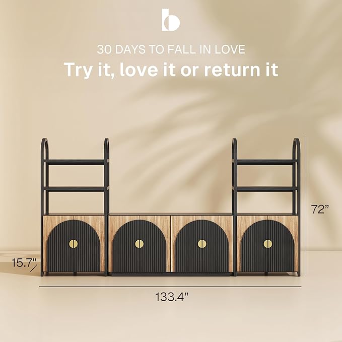 BELLEZE 3-Piece Arched TV Stand Entertainment Center with Storage, Mid Century Modern 2-Piece 72″ Tall Storage Cabinets and 65″ Fluted TV Console for Living Room (Camel)