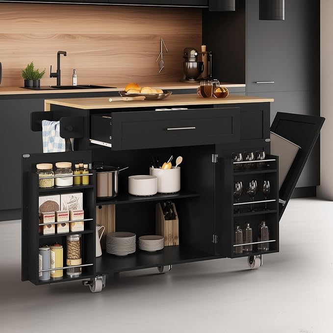 Kitchen Island with Storage & Drop Leaf - 43.3" Mobile Kitchen Cart with Wheels, Rolling Kitchen Island with Trash Bin Cabinet & Towel Rack, Rubberwood Top, Black Island for Kitchen