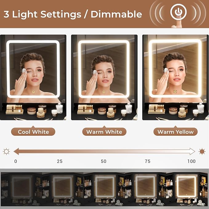 Vanity Desk with Mirror Lights, Storage Bench & Power Outlet, Corner Vanities with Rotating Cabinet & Drawers, 42.5" L Shaped Vanity Set, 3 Light Settings, for Women Girls, Modern Black