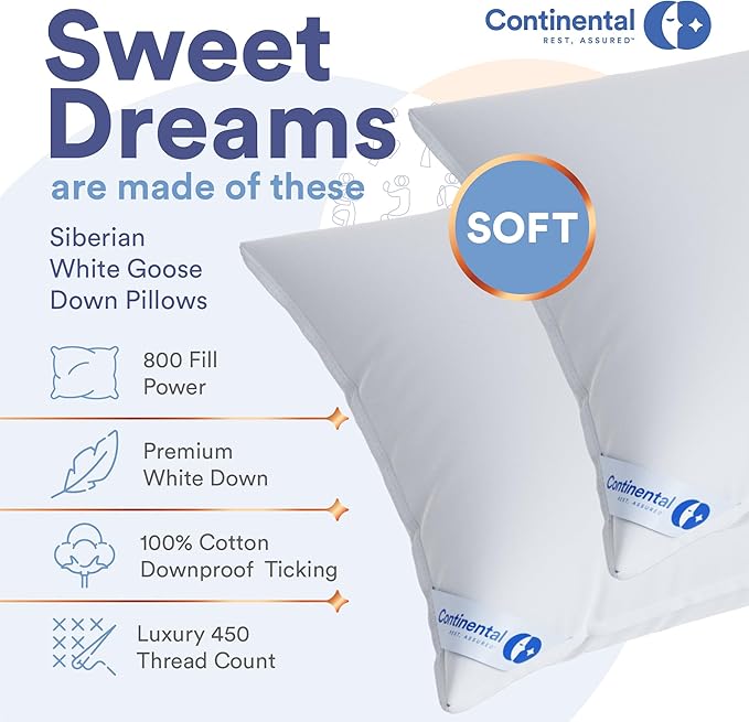 Continental Bedding 100% Siberian Goose Down Pillow 800 Fill Power, Soft, Queen, White