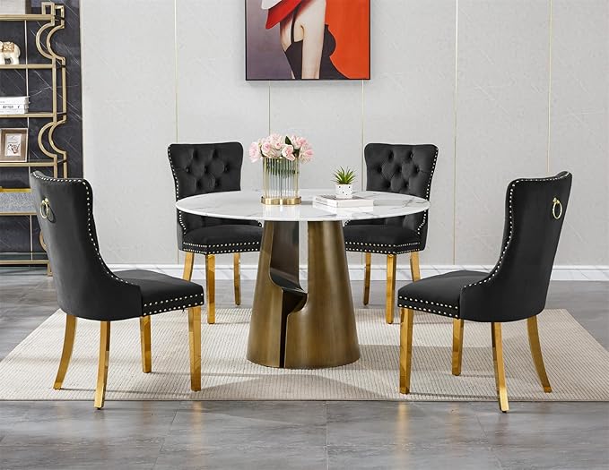 5-Piece Faux Marble Round Dining Table Set for 4, Modern Luxury Kitchen Table Set for 4 with Black Tufted Chairs,Circle Dining Tables with White Marble Grain Top and Bronze Pedestal Base