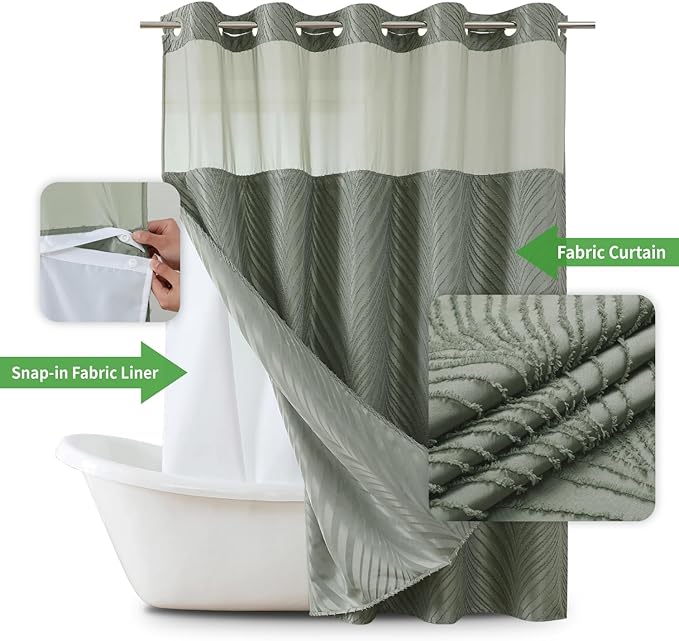 no Hook Shower Curtain and Liner Set，Boho Style with See Through Top Window, SageGreen Fabric Tufted Striped Textured Outer Curtain & Waterproof Inner Liner, SageGreen, 71Wx86H