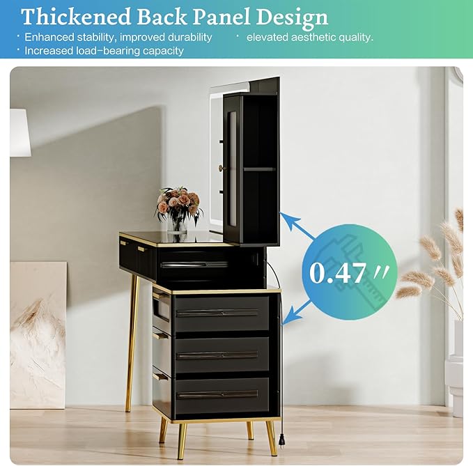 Vanity Desk with 29.53" HD Lighted Mirror, 47.24" Big Modern Vanity Desk with Mirror and Lights, Makeup Vanity with 5 Drawers and Storage Shelves and Charging Station, Black