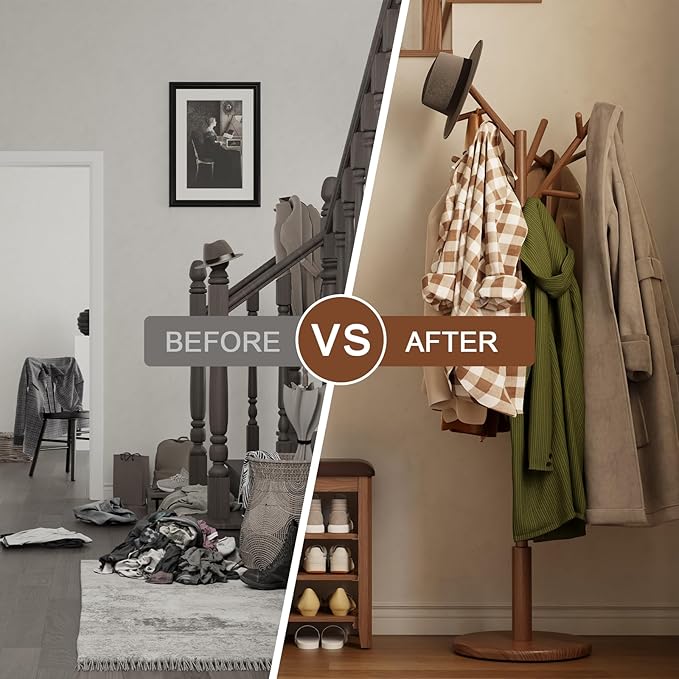 Coat Rack,Solid Wood Coat Rack Freestanding with 12 Hooks,Coat tree freestanding 3 Adjustable Heights for coat, Hats, Handbags，Coat Stand for Entryway,Bedroom (Walnut)