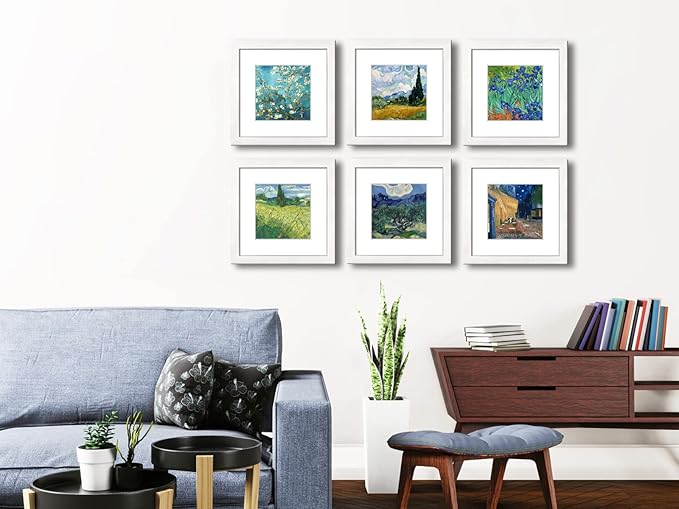 8x8 Picture Frame Set of 6 with Real Glass for Pictures 5x5 with Mat or 8x8 Without Mat, Wall Mounting or Tabletop display Photo Frames in White