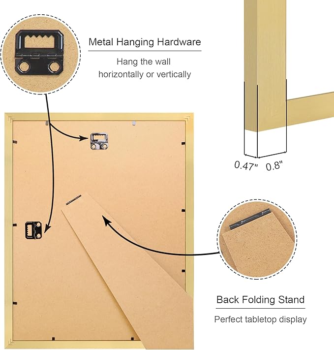 11x14 Picture Frame Set of 4, 11 x 14 Wood Photo Frames with Mat for 8x10, Wooden Frame with Real Glass Cover for Wall and Tabletop Display,Gold