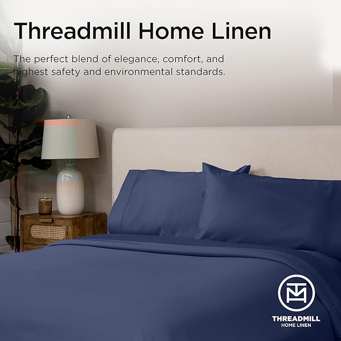 Threadmill California King Sheets, Certified American Supima Cotton Sheets, 1000 Thread Count Hotel Quality Sheets, 4 Piece Luxury Bed Sheets Set with Elasticized Extra Deep Pocket, Folkstone Blue