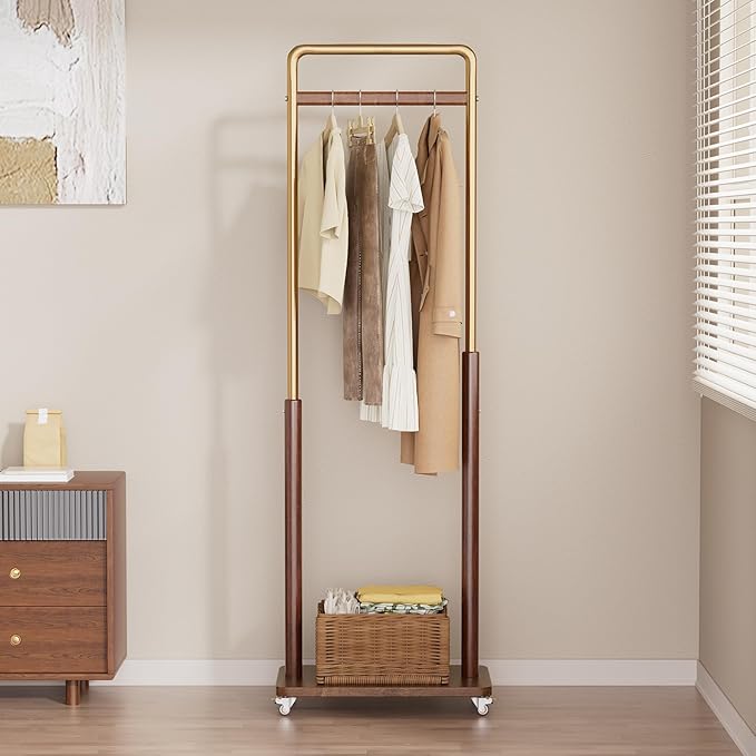 Clothes Rack Solid Wood Coat Rack, Metal and Solid Wood Combination Clothing Rack with Wheels for Entryway, Bedroom, Living Room, Coat Racks Freestanding for Hanging Clothes Garment Scarf