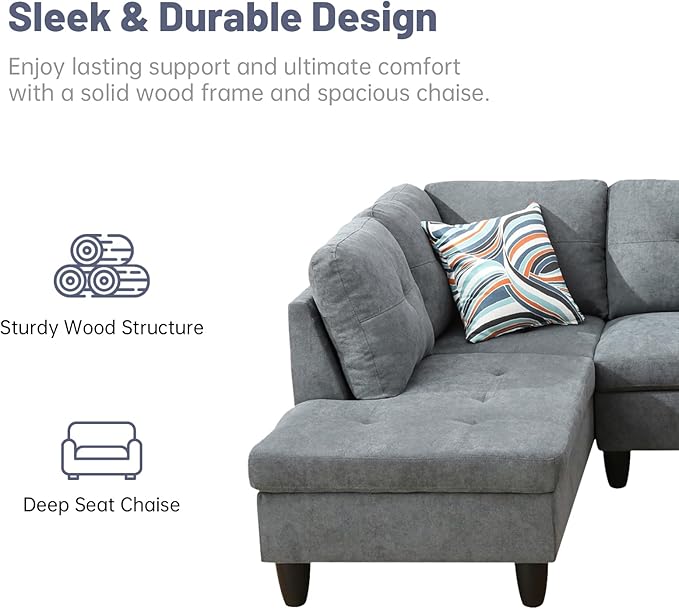 L-Shape 3-Piece Cloud Sofa, Couch for Living Room, Dark Grey Fluffy Fabric L-Shape with Reversible Chaise & Storage Ottoman, Ergonomic 110–115° Recline, Solid-Wood Frame