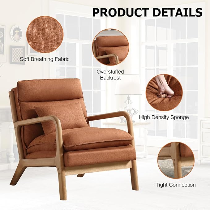 Phoenix Home Accent Chair Set of 2 Mid Century Lounge Chair PU Leather, Upholstered Reading Armchair with Lumbar Pillow & Solid Wood Frame for Office, Living Room Bedroom, Balcony, Brown