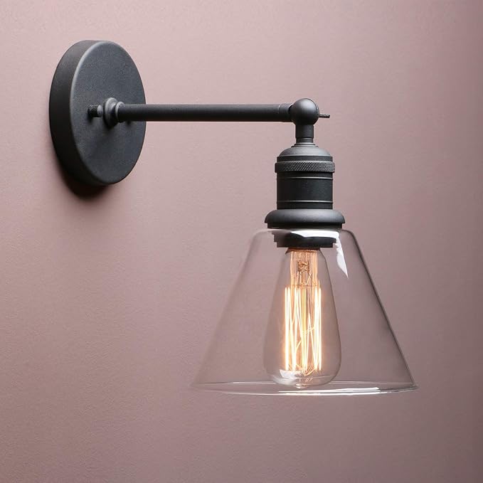 Yosoan Indoor Wall Sconce Fixture Light, 1-Light Modern Single Brass Vintage Industrial Hardwired with Funnel Flared Clear Glass Shade Lamp for Bathroom Sink Porch Kitchen Living Room(Black)