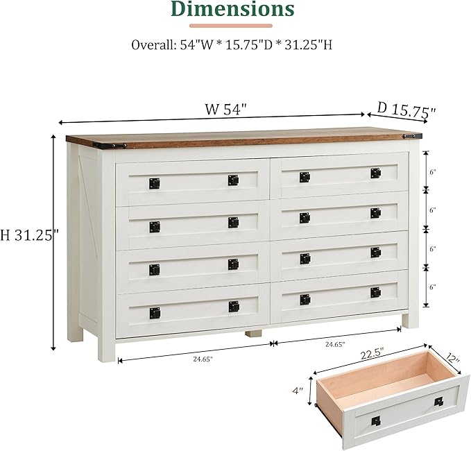 RedLemon Farmhouse 8 Drawer Dresser for Bedroom, 54 Inch Wide Rustic Wood Dresser TV Stand, Dresser Chest of Drawers for Closet, Living Room, Hallway, Antique White