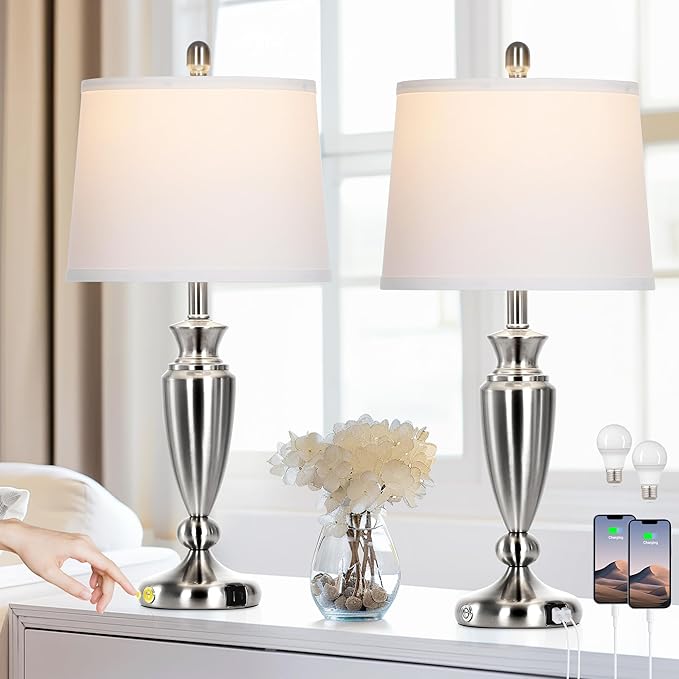 Metal Table Lamps Set of 2, 3 Way Touch Control Silver Bedside Lamps with USB A+C Ports, Modern Brushed Nickel Nightstand Lamps for Bedroom Living Room