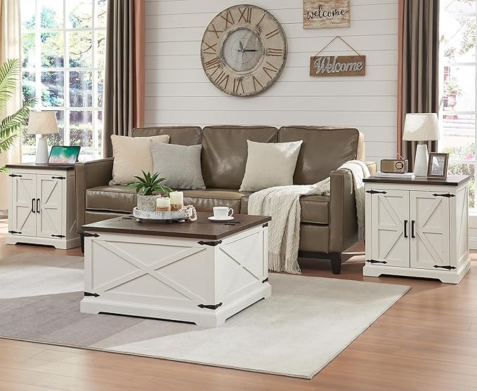 Farmhouse Square Coffee Table with Storage, Wood Center Table with Hinged Lift Top, Rustic Cocktail Table with Large Hidden Storage Compartment for Living Room, Bedroom,Antique White