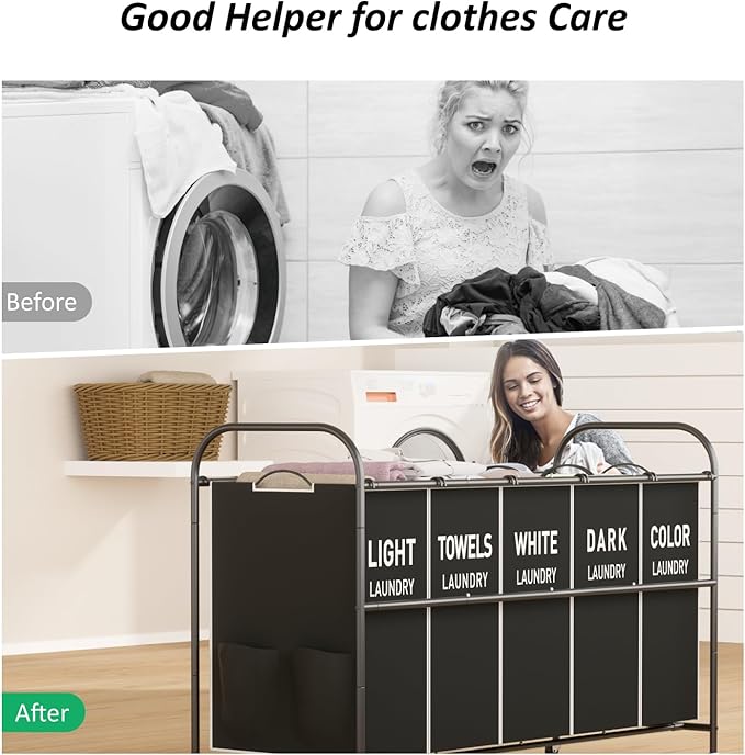 5-Section Laundry Sorter Cart, Large Laundry Hamper with Lockable Rolling Wheels, Versatile Storage Organizer with Removable Bags for Dirty Clothes, Black