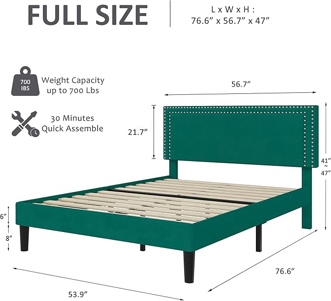 VECELO Full Size Bed Frame with Adjustable Upholstered Headboard, Wooden Slats Platform, Noise-Free Design, Easy Assembly