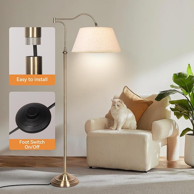 Swing Arm Floor Lamp, Brass Floor Lamps for Living Room with 180° Adjustable Cantilever, Beige Linen Lampshade, Mid Century Floor Lamp for Bedroom Office Home Nursery Study Room Hotel(Bronze)