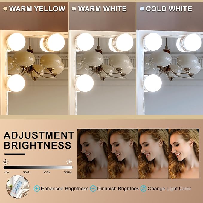 JBLCC Vanity Desk with Mirror and Lights, White Makeup Vanity with 3-Color Lighted Sliding Mirror, 4 Drawers & Open Shelves, Small Vanity Table for Bedroom, Girls & Women