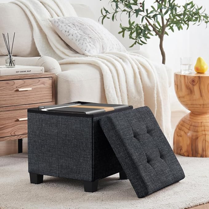 Ornavo Home 15 Inch Folding Storage Ottoman with Storage, Square Cube Linen Small Storage Ottoman Foot Rest Stool with Legs - Black