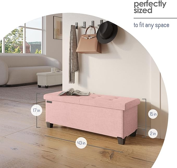 STORAGEBUD Storage Ottoman Bench with Bins, 43-in Storage Bench for Bedroom End of Bed, Folding Foot Rest Ottoman for Living Room Max 660lbs, Fabric Ottomans, Pink