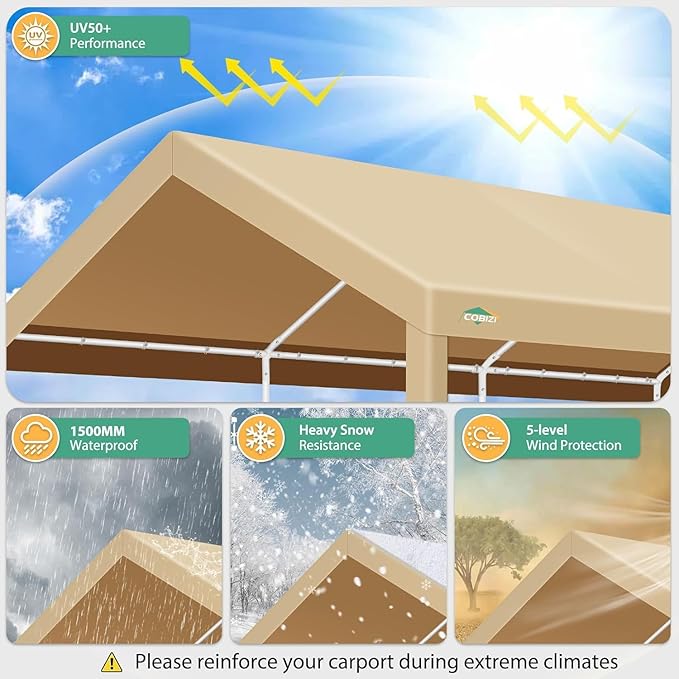 COBIZI Carport 10x20ft Heavy Duty Portable Garage, 2.0 Powder Coated Frame(Better Than Galvanized), Waterproof Shelter with Built-in Sandbags, for Car/Boat/SUV, Khaki