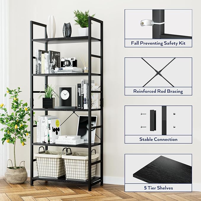 NUMENN 5 Tier Bookshelf, Tall Bookcase Shelf Storage Organizer, Modern Book Shelf for Bedroom, Living Room and Home Office, Black