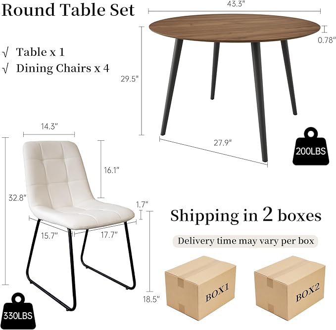 43.3 Inch Round Dining Table Set for 4, Modern Small Kitchen Coffee Set for Dining Room Kitchen Apartment (Walnut Table+4 U-Shaped White Chairs)