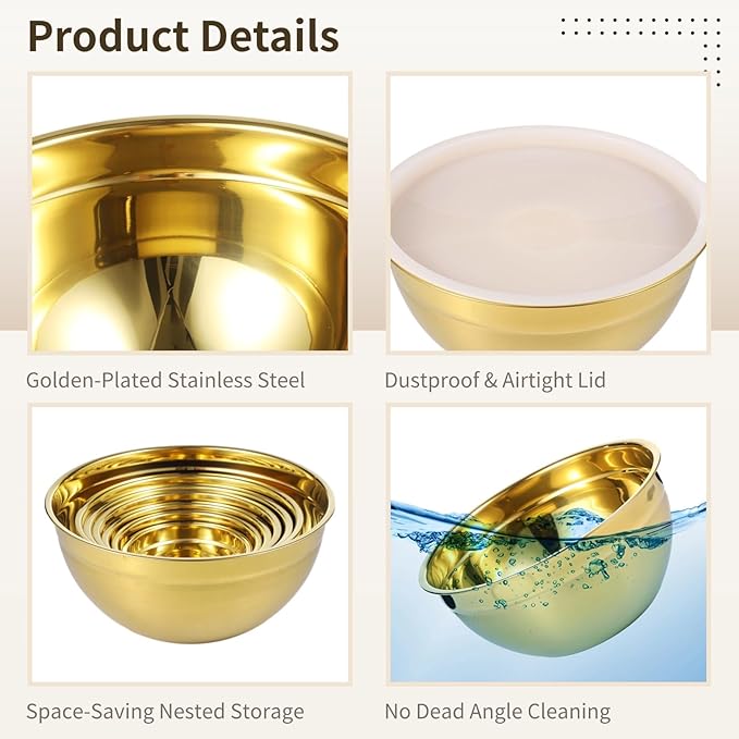 7 PCS Golden Mixing Bowls with Lids Set - Stainless Steel Salad Bowls with Airtight Lids, Mirror Finish Nested Mixing Bowl, 7 Sizes from 1.5 qt to 6.9 qt for Baking, Meal Prep, Food Serving