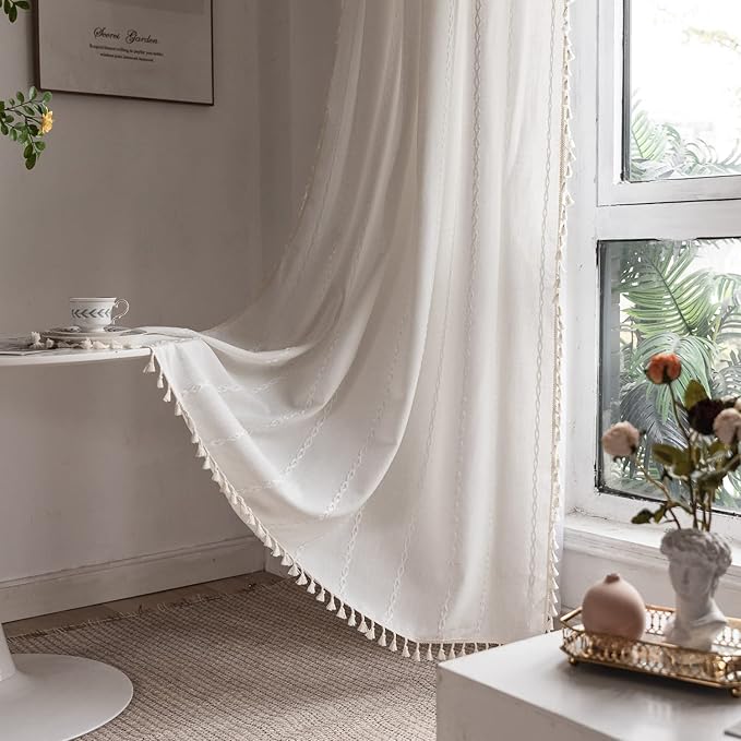 Boho Embroidery Linen Curtains 108 Inches Long for Living Room, 2 Panels Set, Cream Off White Light Filtering Farmhouse Draperies for Bedroom, Rod Pocket, 52" W x 108" L