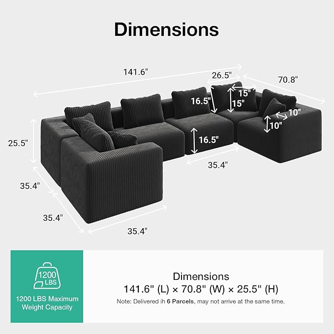 Novilla Modular Sectional Sofa, Modern Cloud Sectional Couch with Smarts Coil™ Support, U-Shape Upholstered Boneless Couch for Living Room Apartments Bedroom, No Assembly Required (6 Seater)