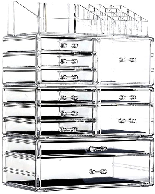 Cq acrylic Clear Makeup Storage Organizer Drawers Skin Care Large Cosmetic Display Cases Stackable Storage Box With 11 Drawers For Dresser 1 Pack