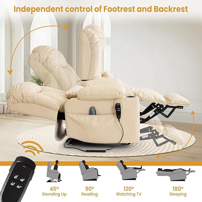 PARKOL Large Genuine Infinite Position Leather Power Lay Flat Lift Studded Recliner Chairs for Elderly, Dual Motor with Massage and Heating,Extended Footrest, USB&Type-C Port Remote,Cup Holder, Beige