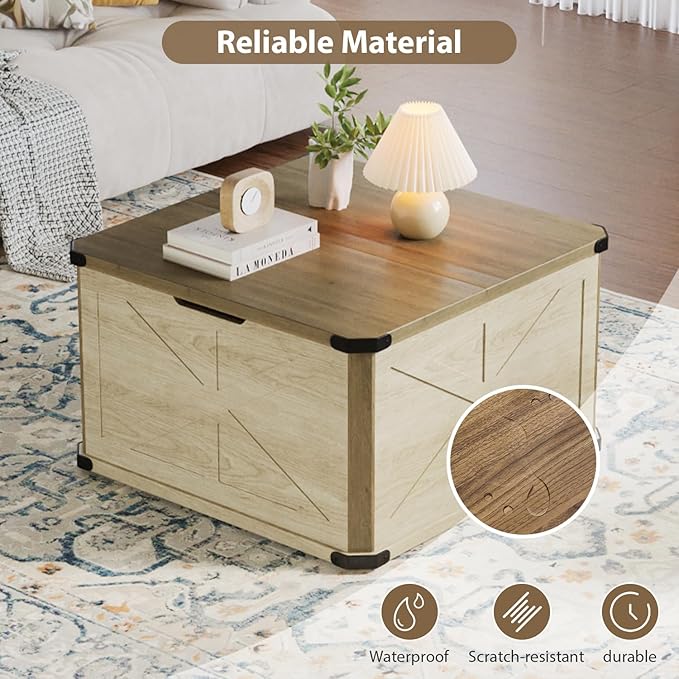 HOPUBUY Farmhouse Coffee Table with Hidden Storage - Rustic Wood Center Table for Living Room, Metal Corner Reinforcement, Square Design with Flip-Top Compartment, Brown and Rustic White