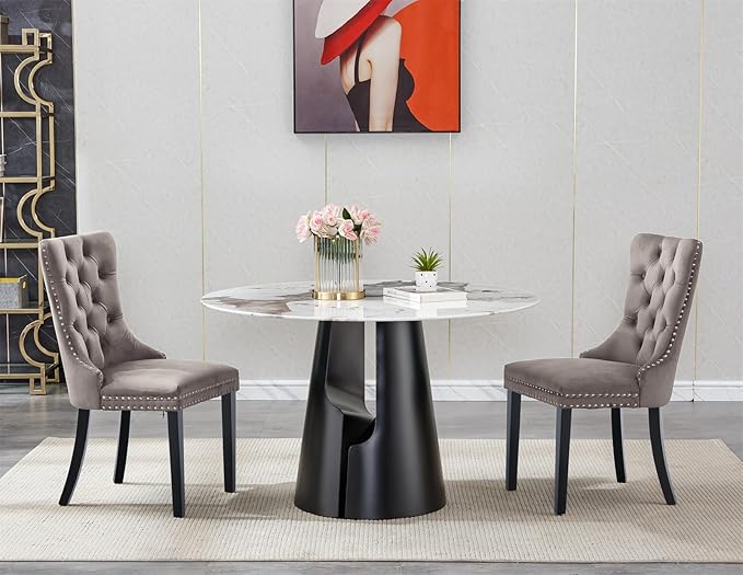 3-Piece Faux Marble Round Dining Table Set for 2, Modern Luxury Kitchen Table Set for 2 with Grey Tufted Chairs,Circle Dining Tables with Pandora Grain Top and Black Pedestal Base